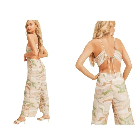 Lush Brown and Green Swirl Print Halter Open Back Jumpsuit in Strawberry Matcha - Picture 16 of 16